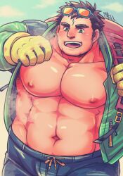 Rule 34 | 1boy, abs, backpack, bag, bara, bare pectorals, blue-framed eyewear, blue pants, blush, brown hair, eyewear on head, facial mark, forehead mark, gloves, green background, green eyes, green jacket, jacket, large pectorals, long sideburns, male focus, mature male, muscular, muscular male, navel, nipples, open clothes, open jacket, open mouth, pants, pectorals, short hair, sideburns, signature, smile, solo, steaming body, stomach, thick eyebrows, tokyo houkago summoners, upper body, yellow gloves, zao (housamo), zinpati