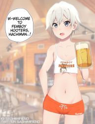 Rule 34 | 1boy, alcohol, androgynous, artist name, bad id, bad twitter id, bare shoulders, beer, blue eyes, blurry, blurry background, bulge, chestnut mouth, collarbone, commentary, cup, english text, femboy hooters (meme), highres, holding, holding cup, hooters, indoors, instagram username, looking at another, looking at viewer, male focus, meme, midriff, navel, open mouth, orange shorts, photo background, sashimifiend, shorts, silver hair, solo, speech bubble, stomach, tank top, teeth, totsuka saika, trap, twitter username, upper body, upper teeth only, yahari ore no seishun lovecome wa machigatteiru.