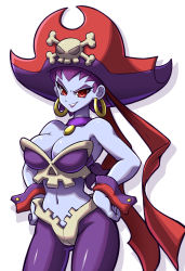 Rule 34 | 1girl, bandana, bandeau, bare shoulders, blue skin, bone bra, bone panties, breasts, buttons, choker, cleavage, colored skin, earrings, hands on own hips, hat, highres, hoop earrings, jewelry, large breasts, looking at viewer, mazume, midriff, narrow waist, pirate, pirate hat, purple hair, red eyes, risky boots, shantae (series), simple background, skull, skull and crossbones, solo, white background, wrist cuffs