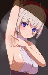 Rule 34 | 1girl, arm behind head, armpits, artist request, bandaid, bandaid on face, blue eyes, breasts, character request, highres, large breasts, looking at viewer, presenting armpit, short hair, spread armpit, tears, white hair