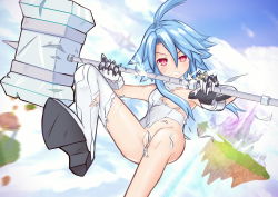 Rule 34 | 1girl, absurdres, angry, arlite, bare legs, bare shoulders, battle damage, blue hair, blush, boots, bottomless, breasts, clenched teeth, commentary, embarrassed, english commentary, floating, gloves, hair censor, hammer, hands up, highres, holding, holding hammer, holding weapon, leg up, leotard, looking at viewer, medium hair, midair, neptune (series), one breast out, outdoors, power symbol, power symbol-shaped pupils, pussy, red eyes, short hair with long locks, small breasts, solo, symbol-shaped pupils, teeth, thigh boots, thighhighs, torn clothes, torn leotard, torn thighhighs, weapon, white gloves, white heart (neptunia), white leotard, white thighhighs