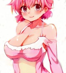 Rule 34 | 1girl, alternate breast size, alternate hairstyle, bare shoulders, blush, breasts, cleavage, dress, hair down, highres, kaname madoka, large breasts, looking at viewer, magical girl, mahou shoujo madoka magica, mahou shoujo madoka magica (anime), pink dress, pink hair, simple background, smile, solo, tjwolf88, white background