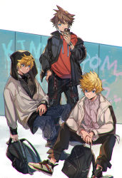 Rule 34 | 3boys, artist name, backpack, bag, black jacket, black pants, blonde hair, blue eyes, boots, brown hair, chain, chromatic aberration, collared shirt, denim, fashion, graffiti, holding, holding phone, hood, hood up, hoodie, jacket, kingdom hearts, layered clothes, multiple boys, official alternate costume, one eye closed, pants, phone, pinstripe pattern, red hoodie, roxas, shirt, shoes, sitting, smile, sneakers, sora (kingdom hearts), spiked hair, striped, ventus (kingdom hearts), watch, white jacket, yurichi (artist)
