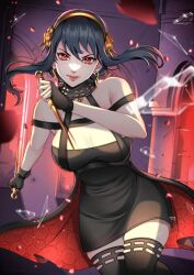 Rule 34 | 1girl, bare shoulders, black dress, black gloves, black hair, black thighhighs, breasts, cleavage, commentary, dagger, dress, earrings, english commentary, fingerless gloves, floating hair, gloves, gold hairband, grin, hairband, holding, holding weapon, jewelry, knife, lips, looking at viewer, medium breasts, pink lips, pixie (pixieinktvis), red eyes, sidelocks, smile, solo, spy x family, stiletto (weapon), strapless, strapless dress, thighhighs, weapon, yor briar