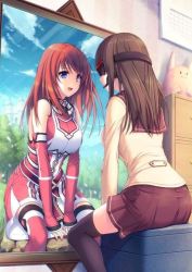 Rule 34 | 2girls, ass, blue eyes, breasts, brown hair, cover, game cg, head-mounted display, headset, large breasts, long hair, miniskirt, mirror, multiple girls, open mouth, red hair, reflection, sitting, skirt, smile, tagme, thighhighs, video game cover, visor