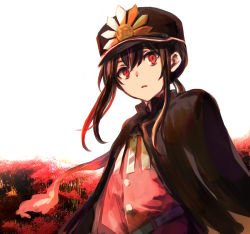 Rule 34 | 1boy, black hair, black hat, black jacket, crest, family crest, fate/grand order, fate (series), gradient hair, hair between eyes, hat, highres, jacket, koha-ace, long hair, looking at viewer, male focus, multicolored hair, oda nobukatsu (fate), oda uri, parted lips, peaked cap, red eyes, red hair, red shirt, shirt, sidelocks, solo, tachitsu teto, white background