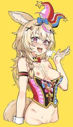 Rule 34 | 1girl, ahoge, animal ears, armband, bad id, bad twitter id, blonde hair, blush, bottomless, bow, bowtie, braid, breasts, clown, corset, cum, cum in mouth, cum on body, cum on breasts, cum on hand, cum on tongue, cum on upper body, female pubic hair, hair ornament, hat, heart, heart-shaped pupils, highres, hololive, long hair, looking at viewer, navel, nipples, omaru polka, pale skin, pubic hair, purple eyes, saliva, saliva trail, solo, symbol-shaped pupils, tagme, tail, tongue, tongue out, virtual youtuber, yoban