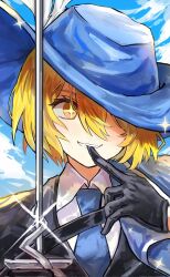 Rule 34 | + +, 1girl, biting, black gloves, black jacket, blonde hair, blue headwear, blue necktie, blue sky, chinese commentary, cloud, collared shirt, commentary request, corrupted twitter file, don quixote (project moon), glove biting, gloves, grin, hair over one eye, highres, hillsbeichen, holding, holding sword, holding weapon, jacket, limbus company, looking to the side, necktie, outdoors, profile, project moon, rapier, shirt, short hair, sky, smile, solo, sparkle, sword, upper body, weapon, white shirt, yellow eyes