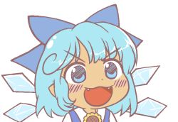 Rule 34 | &gt;:3, 1girl, :3, blue bow, blue dress, blue eyes, blue hair, blush stickers, bow, cirno, dot nose, dress, fangs, flat color, flower, gyate gyate, hair bow, hair ornament, hidden star in four seasons, ice, ice wings, ikiyouz, looking at viewer, meme, open mouth, pointy ears, portrait, shirt, short hair, smile, solo, sunflower, tan, tanned cirno, tareme, touhou, transparent background, v-shaped eyebrows, white shirt, wings