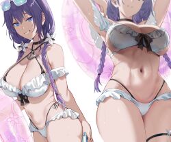 Rule 34 | 1girl, absurdres, anchor symbol, armpits, arms up, bikini, blue eyes, blue hair, braid, breasts, character request, cleavage, commentary, copyright request, eyewear on head, flower, frilled bikini, frills, hair flower, hair ornament, hews, highres, large breasts, looking at viewer, lower body, multiple views, navel, pink innertube, simple background, smile, stomach, sunglasses, swimsuit, twin braids, white background, white bikini, white flower