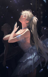 Rule 34 | 1girl, absurdres, backless dress, backless outfit, ballerina, bangsom, bare shoulders, blonde hair, blue eyes, choker, cowboy shot, crying, crying with eyes open, dress, from side, grey ribbon, hair between eyes, hair ribbon, hand on own chest, hands up, highres, layered dress, light particles, looking up, open mouth, original, people, pleated dress, profile, ribbon, short dress, solo focus, strapless, strapless dress, streaming tears, tears, twintails, white choker, white dress