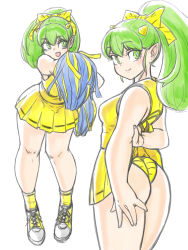 Rule 34 | 1girl, absurdres, breasts, character request, check character, cheerleader, green eyes, green hair, highres, holding, holding pom poms, horns, long hair, looking at viewer, lum, medium breasts, multiple views, open mouth, pleated skirt, pointy ears, pom pom (cheerleading), pom poms, ponytail, shirt, shoes, simple background, skirt, sleeveless, sleeveless shirt, smile, socks, toshinoshin, urusei yatsura, white background, yellow footwear, yellow legwear, yellow shirt, yellow skirt
