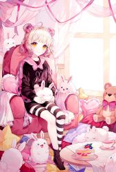 Rule 34 | 1girl, :3, absurdres, ahoge, animal, animal on lap, armchair, bandaid, bandaid on face, bedroom, black thighhighs, blunt bangs, cake, cape, chair, closed mouth, commentary request, copyright request, eyelashes, food, fruit, ha youn, heart, heart-shaped pillow, highres, indoors, long sleeves, looking at viewer, multicolored eyes, on lap, pillow, pink cape, plate, rabbit, short hair, single thighhigh, sitting, smile, socks, star-shaped pillow, strawberry, striped clothes, striped thighhighs, stuffed animal, stuffed toy, table, teddy bear, thighhighs