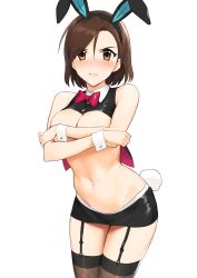 Rule 34 | &gt;:(, 1girl, absurdres, animal ears, bare arms, bare shoulders, black hairband, black skirt, blush, bow, bowtie, breastless clothes, breasts, brown eyes, brown hair, brown thighhighs, cleavage, closed mouth, covering privates, covering breasts, cowboy shot, embarrassed, fake animal ears, fake tail, garter straps, hairband, highres, idolmaster, idolmaster cinderella girls, looking at viewer, medium breasts, miniskirt, mizuki seira, navel, nose blush, onao, purple bow, rabbit ears, rabbit tail, short hair, simple background, skirt, solo, stomach, tail, thighhighs, v-shaped eyebrows, white background, wrist cuffs