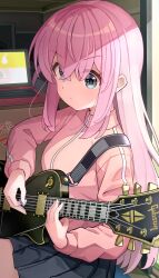 Rule 34 | 1girl, absurdres, black skirt, blue eyes, bocchi the rock!, computer, electric guitar, eyes visible through hair, gibson les paul, gotoh hitori, guitar, highres, holding, holding instrument, instrument, jacket, laptop, long hair, music, nomio, one side up, pink hair, pink jacket, playing instrument, pleated skirt, plectrum, skirt, solo, track jacket