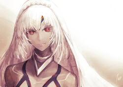 Rule 34 | 152 in can, 1girl, absurdres, altera (fate), bare shoulders, closed mouth, commentary, dark-skinned female, dark skin, dated commentary, fate/extella, fate/extra, fate/grand order, fate (series), headdress, highres, long hair, looking at viewer, red eyes, simple background, smile, solo, tattoo, veil, white hair
