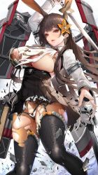 Rule 34 | 1girl, 504 gateway, animal ears, areola slip, azur lane, bad id, bad pixiv id, black legwear, black panties, black skirt, bow, breasts, brown hair, chikuma (azur lane), chinese commentary, cleavage, collared shirt, commentary request, flower, garter straps, hair flower, hair ornament, high-waist skirt, highres, holding, holding sword, holding weapon, large breasts, long hair, long sleeves, looking to the side, orange bow, panties, parted lips, partial commentary, rabbit ears, red eyes, shirt, skirt, solo, standing, sword, thighs, torn clothes, underwear, very long hair, weapon, white shirt