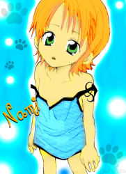Rule 34 | 1girl, aged down, alternate costume, alternate eye color, arm tattoo, blue background, blue shirt, character name, child, cowboy shot, expressionless, feet out of frame, female focus, flat chest, from above, green eyes, ladynoa, legs apart, looking at viewer, nami (one piece), official alternate hair length, official alternate hairstyle, one piece, orange hair, shirt, simple background, solo, standing, tareme, tattoo
