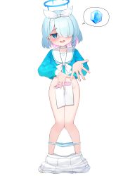 Rule 34 | 1girl, arona (blue archive), bare legs, blue archive, blue eyes, blue hair, blue halo, blush, bottomless, clothes pull, colored inner hair, covering privates, flat chest, full body, groin, hair ornament, hair over one eye, halo, headband, highres, long sleeves, looking at viewer, multicolored hair, open mouth, panties, panty pull, pink hair, sailor collar, school uniform, serafuku, shirt, short hair, simple background, skirt, skirt pull, solo, speech bubble, standing, striped clothes, striped panties, tisofofo, underwear, white background