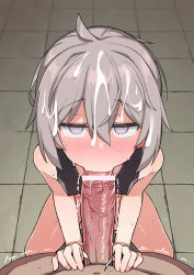 Rule 34 | 1boy, 1girl, :&gt;=, absurdres, ahoge, bar censor, bare shoulders, blush, bottomless, bra, breasts, censored, closed eyes, cum, cum on hair, facial, fellatio, girls&#039; frontline, grey hair, heart, hetero, highres, kneeling, large penis, looking at viewer, m200 (girls&#039; frontline), nose blush, open mouth, oral, penis, pov, purple eyes, saliva, small breasts, solo focus, speech bubble, sweat, textless version, tile floor, tiles, underwear, underwear only, wagashi (dagashiya)