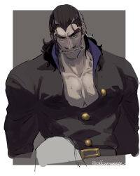 Rule 34 | 1boy, aquiline nose, belt, black hair, border, colored skin, desha (ousama ranking), dress shirt, facial hair, grey background, grey skin, hair slicked back, highres, long sleeves, looking at viewer, male focus, muscular, muscular male, mustache, ousama ranking, partially unbuttoned, pectoral cleavage, pectorals, shirt, simple background, sitting, sizuku 73, solo, sweat, teeth, thick eyebrows, twitter username, white border