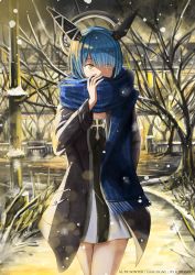 Rule 34 | 1girl, artist name, azur lane, bare tree, black coat, blue hair, blue scarf, blush, building, character name, coat, commentary, cowboy shot, cross, cross necklace, dress, english commentary, gascogne (azur lane), halo, headgear, highres, ichi10art, jewelry, long sleeves, looking away, mechanical halo, necklace, night, open clothes, open coat, outdoors, path, road, scarf, snow, snowing, solo, tree, yellow eyes