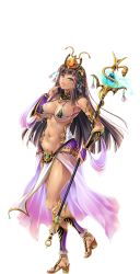 Rule 34 | 1girl, aqua eyes, armor, bikini armor, black hair, breasts, character request, crown, dark skin, dark-skinned female, feet, female focus, finger to mouth, full body, gauntlets, highres, holding, large breasts, legs, long hair, looking at viewer, lots of jewelry, navel, parted lips, sandals, sennen sensou aigis, smile, solo, staff, standing, thighs, toes, transparent background, white background