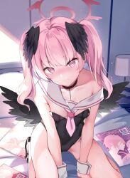 Rule 34 | 1girl, bare shoulders, bed, black leotard, black wings, blue archive, blush, breasts, choker, collarbone, covered navel, detached collar, feathered wings, halo, head wings, highres, koharu (blue archive), leotard, long hair, looking at viewer, low twintails, low wings, magazine (object), neckerchief, on bed, pillow, pink eyes, pink hair, pink neckerchief, rei (rei&#039;s room), sailor collar, sitting, small breasts, thighs, twintails, wariza, white sailor collar, wings