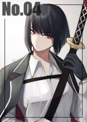 Rule 34 | 1girl, black gloves, black hair, black jacket, bob cut, closed mouth, dress shirt, gloves, hashtag-only commentary, highres, holding, holding sword, holding weapon, jacket, jacket on shoulders, katana, lapels, limbus company, long sleeves, looking at viewer, notched lapels, open clothes, open jacket, project moon, red eyes, ryoshu (project moon), sheath, sheathed, shirt, short hair, single glove, solo, sword, touu yaiba, twitter username, upper body, weapon, white shirt, wing collar