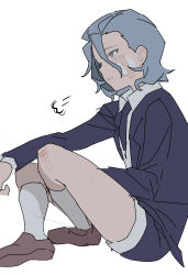Rule 34 | 1girl, black jacket, black necktie, black shorts, blue eyes, blue hair, brown footwear, bruise, bruise on face, forehead, full body, full moon, gloves, highres, hm mono, honkai (series), honkai impact 3rd, injury, jacket, lieserl albert einstein, long sleeves, looking to the side, moon, necktie, open mouth, shoe soles, shoes, short hair, shorts, simple background, sitting, sketch, solo, white background, white gloves