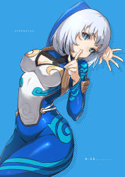 Rule 34 | 1girl, absurdres, alternate costume, alternate hair color, blue background, blue eyes, bob cut, bodysuit, celestial d.va, character name, cleavage cutout, clothing cutout, copyright name, d.va (overwatch), finger to mouth, grey hair, highres, overwatch, overwatch 1, simple background, skin tight, solo, tagme, white hair