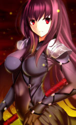 Rule 34 | 1girl, armor, bodysuit, breasts, covered navel, fate/grand order, fate (series), gae bolg (fate), highres, large breasts, long hair, looking at viewer, paperfinger, pauldrons, polearm, purple bodysuit, purple hair, red eyes, scathach (fate), scathach (fate), shoulder armor, solo, taut clothes, weapon