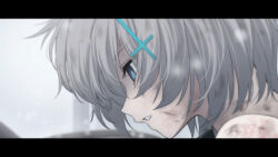 Rule 34 | 1girl, aged down, amnesia, blue archive, blue eyes, blurry, bruise, commentary, cross hair ornament, depth of field, empty eyes, grey hair, hair between eyes, hair ornament, injury, junu (jwoo5627), outdoors, parted lips, profile, shiroko (blue archive), shiroko (young) (blue archive), short hair, sidelocks, snowing, solo, symbol-only commentary