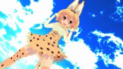 Rule 34 | 10s, 1girl, 3d, :d, animal ears, blonde hair, blush, breasts, cat ears, cat girl, cat tail, cloud, day, kemono friends, large breasts, looking at viewer, open mouth, orange eyes, outdoors, serval (kemono friends), serval tail, short hair, sky, sleeveless, smile, solo, standing, tail, thighhighs