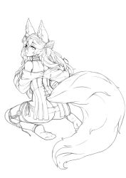 Rule 34 | 1girl, animal ear fluff, animal ears, ass, barbariank, butt crack, commentary, fox ears, fox tail, from behind, greyscale, hair between eyes, hairband, highres, large tail, long hair, long sleeves, looking at viewer, looking back, monochrome, off shoulder, original, parted lips, simple background, sitting, solo, symbol-only commentary, tail, white background