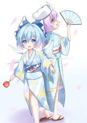 Rule 34 | 2girls, absurdres, alternate costume, blue eyes, blue hair, blue kimono, candy apple, cirno, folding fan, food, full body, hand fan, highres, holding, holding fan, holding food, japanese clothes, kimono, lbcirno9, letty whiterock, looking at viewer, multiple girls, open mouth, purple eyes, purple hair, sandals, sash, short hair, simple background, standing, touhou, white background, white headwear, zouri