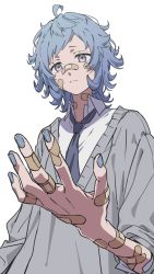 Rule 34 | 1boy, ahoge, bandaid, bandaid on face, bandaid on hand, bandaid on neck, bandaid on nose, blue hair, blue nails, blue necktie, closed mouth, grey eyes, highres, light oooo, male focus, nail polish, necktie, neckwear request, open hand, original, simple background, sleeves rolled up, solo, white background
