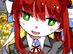 Rule 34 | 1girl, absurdres, blazer, bow, bright pupils, brown hair, check medium, collared jacket, collared shirt, commentary request, doki doki literature club, flipnote studio (medium), green eyes, grey jacket, hair bow, highres, jacket, kitaguchi (yagikanshi), lapels, light blush, long hair, looking at viewer, monika (doki doki literature club), neck ribbon, notched lapels, open mouth, ponytail, red ribbon, ribbon, school uniform, shirt, simple background, smile, solo, upper body, vest, white bow, white pupils, white shirt, yellow background, yellow vest