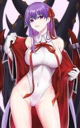 Rule 34 | 1girl, absurdres, bare shoulders, bat wings, bb (fate), bb (fate) (all), bb (swimsuit mooncancer) (fate), bb (swimsuit mooncancer) (third ascension) (fate), black coat, blush, breasts, coat, covered navel, fate/grand order, fate (series), gloves, hair ribbon, highleg, highleg leotard, highres, kugiseiichi, large breasts, leotard, long hair, looking at viewer, neck ribbon, off shoulder, open clothes, open coat, parted lips, purple eyes, purple hair, red ribbon, ribbon, smile, solo, tentacles, thighs, variant set, very long hair, white gloves, white leotard, wings