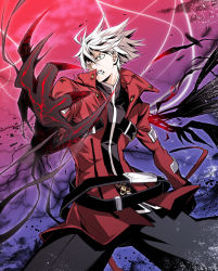 Rule 34 | 1boy, arc system works, blazblue, fighting stance, green eyes, heterochromia, male focus, ragna the bloodedge, red eyes, silver hair, solo, sume, sumeshi (ambivalince)