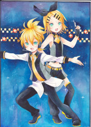 Rule 34 | 1boy, 1girl, black star (module), blonde hair, blue moon (module), blush, bow, brother and sister, colored pencil (medium), hair bow, hair ornament, hairclip, headphones, headset, kagamine len, kagamine rin, kodoku no hate (vocaloid), mosho, painting (medium), project diva (series), project diva extend, shorts, siblings, thighhighs, traditional media, twins, vocaloid, watercolor (medium), watercolor pencil (medium)
