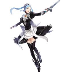 Rule 34 | 1girl, black thighhighs, blue hair, bridal gauntlets, dagger, female focus, fire emblem, fire emblem fates, fire emblem heroes, flora (fire emblem), full body, grey eyes, high heels, highres, holding, holding sword, holding weapon, knife, long hair, maid, maid headdress, nintendo, non-web source, official art, open mouth, skirt, solo, sword, thighhighs, transparent background, twintails, weapon, zettai ryouiki