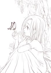 Rule 34 | 1girl, against tree, bug, butterfly, butterfly on hand, closed mouth, detached sleeves, dress, elaine, from side, greyscale, harumiya, highres, bug, long dress, long sleeves, medium hair, monochrome, nanatsu no taizai, profile, ribbon-trimmed sleeves, ribbon trim, sitting, sketch, sleeveless, sleeveless dress, smile, solo, strapless, strapless dress, tree