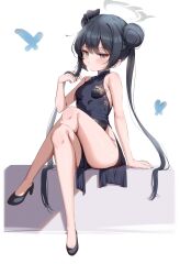 Rule 34 | 1girl, bare arms, bare shoulders, black dress, black footwear, black hair, blue archive, blush, breasts, butterfly hair ornament, china dress, chinese clothes, closed mouth, crossed legs, double bun, dragon print, dress, full body, grey eyes, hair bun, hair ornament, halo, highres, kisaki (blue archive), kokuto (kurousagi1210), legs, long hair, looking at viewer, print dress, short dress, side slit, sidelocks, simple background, sitting, sleeveless, sleeveless dress, small breasts, solo, thighs, twintails, white background