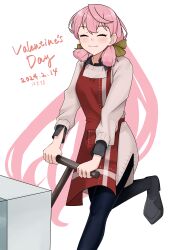 Rule 34 | 1girl, 2024, absurdres, akashi (kancolle), apron, black pants, cart, closed eyes, dated, feet out of frame, hair ribbon, hamukiyo, highres, kantai collection, kappougi, long hair, pants, pink hair, red apron, ribbon, simple background, smile, solo, valentine, white background