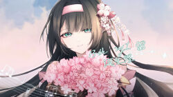 Rule 34 | 1girl, aqua eyes, bare shoulders, black hair, bouquet, closed mouth, commentary, english commentary, flower, hair ornament, hairband, highres, long hair, looking at viewer, musical note, pink flower, pink hairband, smile, solo, umiotoji kawa, upper body, vocaloid, vy1