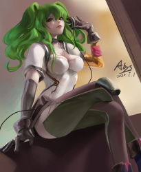 Rule 34 | 1girl, absurdres, abys, breasts, brown eyes, cleavage, elbow gloves, girls&#039; frontline, gloves, green hair, headphones, highres, layered gloves, long hair, looking at viewer, m950a (girls&#039; frontline), medium breasts, parted lips, solo, twintails