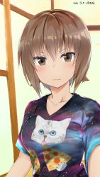 Rule 34 | &gt;:/, 10s, 1girl, 2016, :/, blush, brown eyes, brown hair, cat, commentary request, dated, food, girls und panzer, highres, looking at viewer, meme, mokyutan, multicolored shirt, nishizumi maho, pizza, reaching, reaching towards viewer, selfie, shirt, short hair, solo, space, space cat (meme), t-shirt, tongue, tongue out, upper body, v-shaped eyebrows
