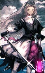 Rule 34 | 1girl, ammunition belt, arknights, black dress, cloud, cloudy sky, dress, earrings, feet out of frame, floating hair, grey hair, grey sky, gun, handgun, head wings, highres, holding, holding lantern, holding sword, holding weapon, holstered, irene (arknights), jewelry, lantern, long hair, long sleeves, looking at viewer, multicolored clothes, multicolored dress, outdoors, overcast, pantyhose, pink dress, rain, scar, scar across eye, signature, sky, solo, sword, unf (unotfound 404), very long hair, weapon, white dress, white pantyhose, wings, yellow eyes