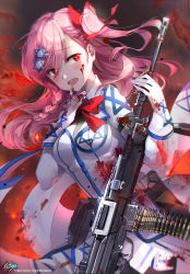 Rule 34 | 1girl, absurdres, ammunition, ammunition belt, artist name, asymmetrical hair, belt-fed, black legwear, blood, blood on clothes, blood on face, blush, bow, braid, breasts, brush, bullet, buttons, collared jacket, finger to mouth, fire, floating hair, general-purpose machine gun, girls&#039; frontline, gloves, glowing, glowing eyes, grey shirt, gun, hair between eyes, hair bow, hair ornament, hair ribbon, hairclip, hexagram, highres, holding, holding weapon, imi negev, israel, iwi negev, jacket, kyjsogom, light machine gun, light particles, long hair, looking at viewer, machine gun, medium breasts, mid-stride, negev (girls&#039; frontline), open mouth, pink hair, pleated skirt, red bow, red eyes, ribbon, ruins, shirt, side braid, sidelocks, skirt, smile, smirk, solo, standing, star of david, weapon, white gloves, white skirt, wind, wind lift